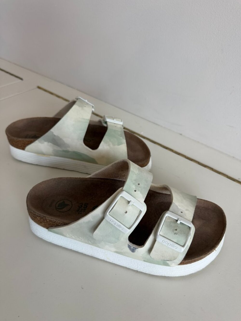 Birkenstock Papillio Arizona Platform Watercolor Khaki Vegan Sandals 35